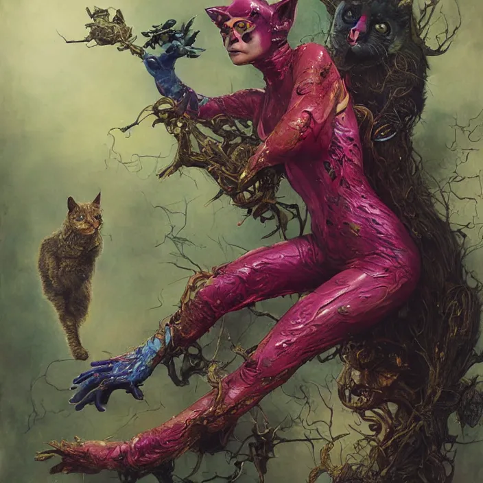 Prompt: a portrait photograph of brie larson as a brightly colored cat hybrid super hero witch with wet mutated scaled skin. wearing a infected transparant organic catsuit. by tom bagshaw, donato giancola, hans holbein, walton ford, gaston bussiere, peter mohrbacher, brian froud and iris van herpen. 8 k, cgsociety