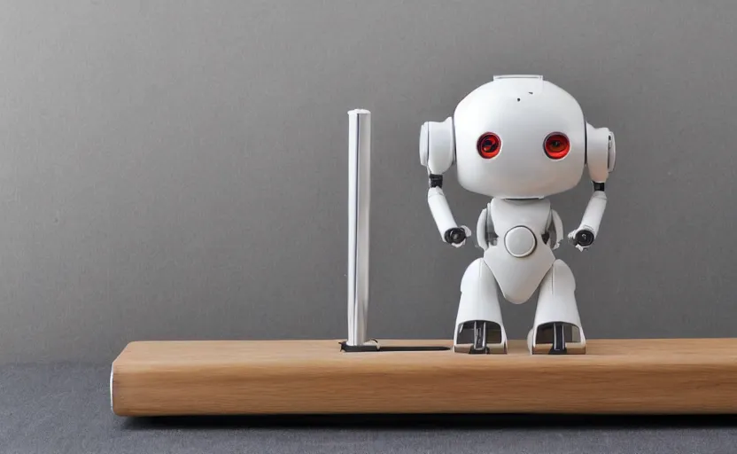 Prompt: cute futuristic robot on a wooden display, sleek, unconventional design, 33mm, award winning photo