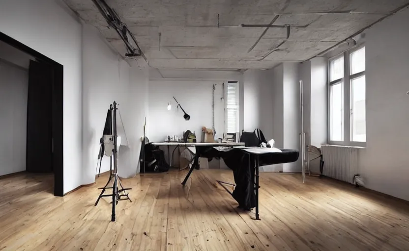 Image similar to beautiful art studio in the style of minimalism, ambient lighting, hd photography