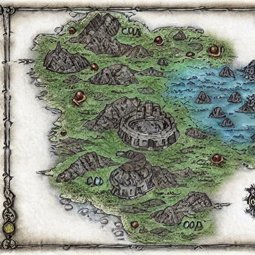 Image similar to D&D style fantasy map design, embellished detail