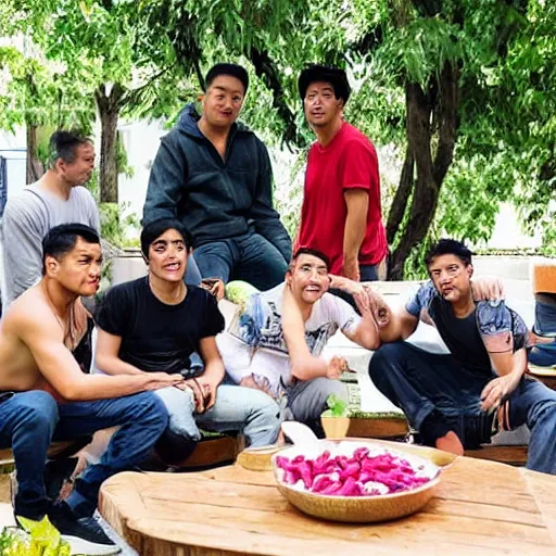 Image similar to one mexican woman 2 4 years old, one chinese man, one romanian man, one mexican man, one light skin black man, hanging out in a backyard in the city, peaking on mdma, actual photo