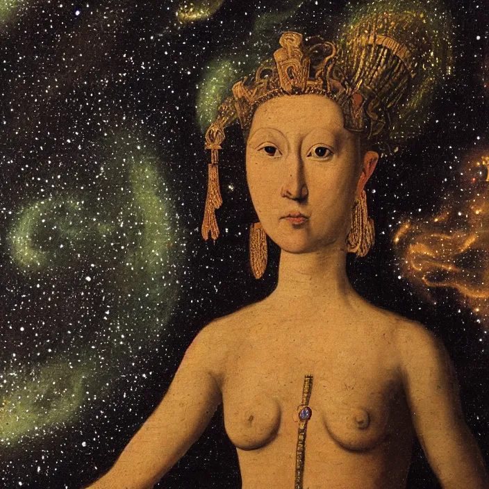 Image similar to a closeup portrait of an eel goddess, in a nebula, early netherlandish painting,