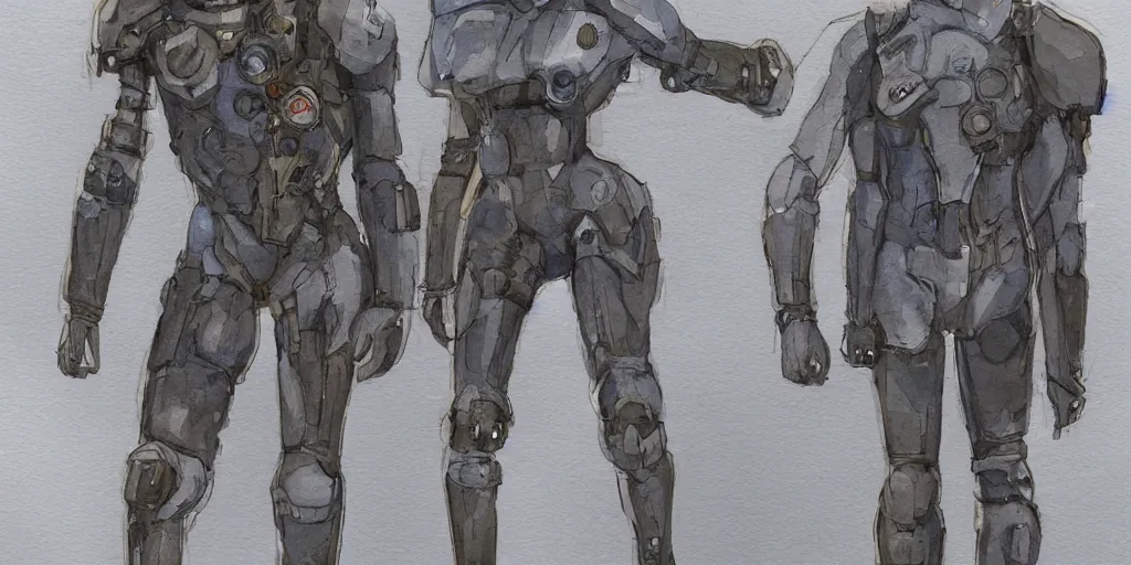 Image similar to female, full body, wide shot, modern space suit, intriguing helmet, stylized character design, the expanse tv series, large shoulders, short torso, long thin legs, tiny feet, science fiction, hyperdetailed, technical suit, dieselpunk, watercolor digital painting, in the style of mike mignola, by alex maleev