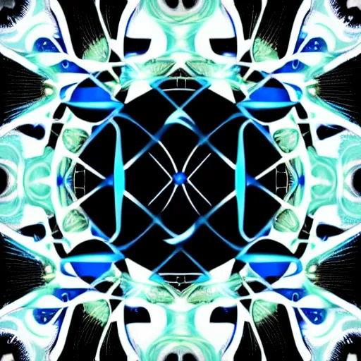 Image similar to a black background with a blue and white design, vector art by xul solar, featured on artstation, nuclear art, quantum wavetracing, fractalism, angular
