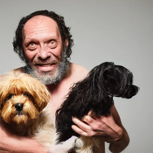 Image similar to worlds ugliest man with his ugly dog, studio photography