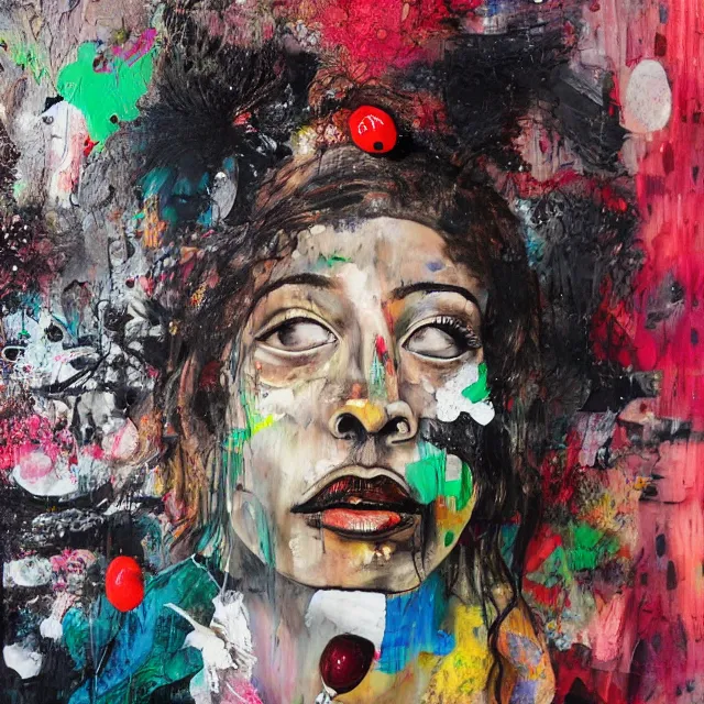 Image similar to “ a portrait in a female art student on a street in nairobi, fear, afraid, bustling, art supplies, anxiety, medical supplies, pills and medicine, ikebana, herbs, a candle dripping white wax, squashed berries, berry juice drips, acrylic and spray paint and oilstick on canvas, surrealism, neoexpressionism ”