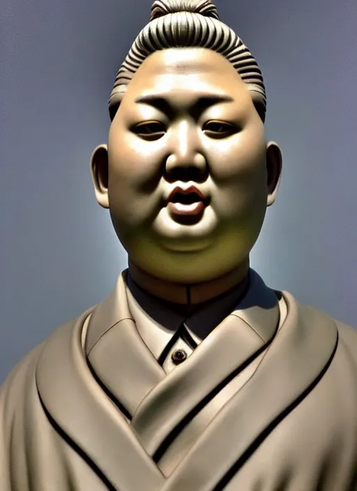 Image similar to medieval statue of kim jong un, elegant, filigree renaissance sculpture from jade, brilliant symmetry, created by verrocchio andrea, leonardo da vinci, sandro botticelli, raffaelle monti, epic 7 0 mm lens shot, artstation trending, photorealism, sharp focus, smooth, establishing shot, sense of awe