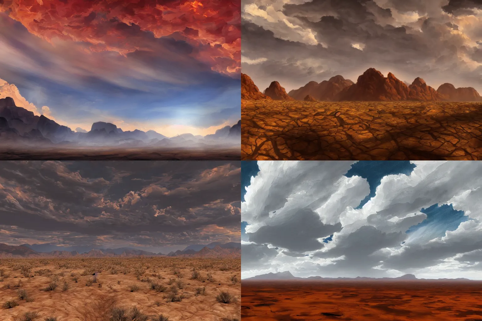 Prompt: A fiery dry gray overcast sky over a very very very beautiful dry arid cracked desert mountain range, oil painting, unity engine, wide angle, anime stylized 3d, trending on artstation, high definition, god rays, caustics