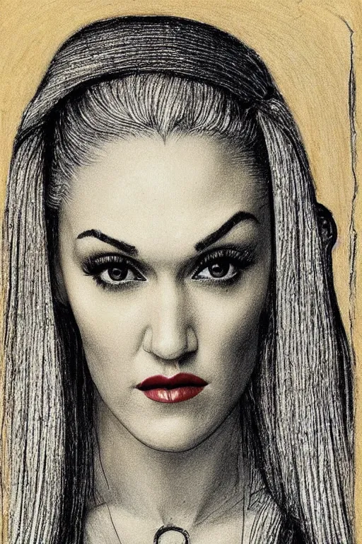 Image similar to a portrait of gwen stefani in the style of leonardo da vinci drawing,, single head, no double head,