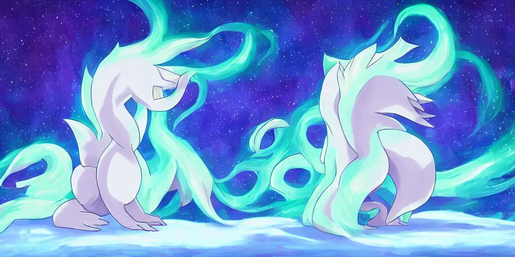 Image similar to Alolan Ninetales shiny, standing on an snowy hill with an aurora borealis in the night sky, Pokémon,