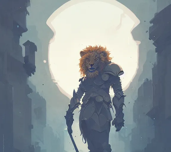 Image similar to portrait of lion knight, fantasy, by atey ghailan, by greg rutkowski, by greg tocchini, by james gilleard, by joe fenton, by kaethe butcher, by ashley wood, dynamic lighting, gradient light blue, brown, blonde cream and white color scheme, grunge aesthetic