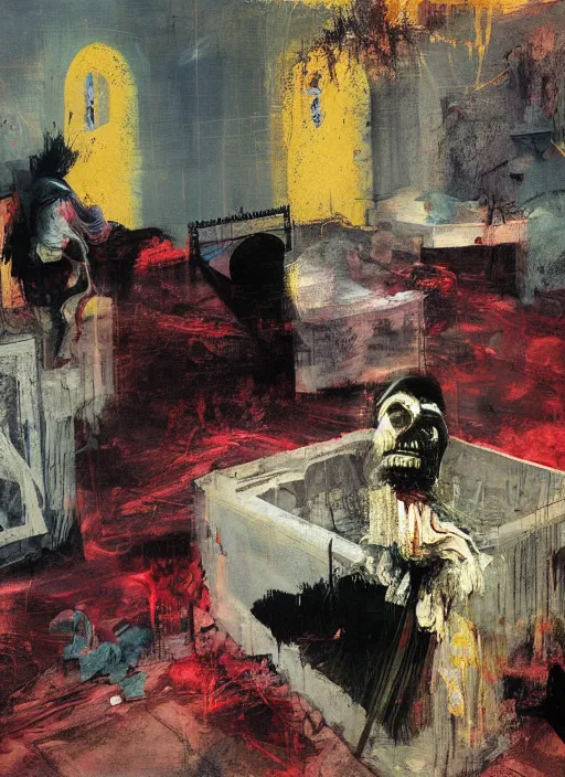 Image similar to two dark figures laughing inside a decayed Romanian motel room, Neo-Gothic, gothic, rich deep colors. intricate artwork in the style of Adrian ghenie and Francis bacon, part by Gerhard Richter, part Edward Hopper and part Petra cortright, highly detailed, very coherent, horror, rich colours