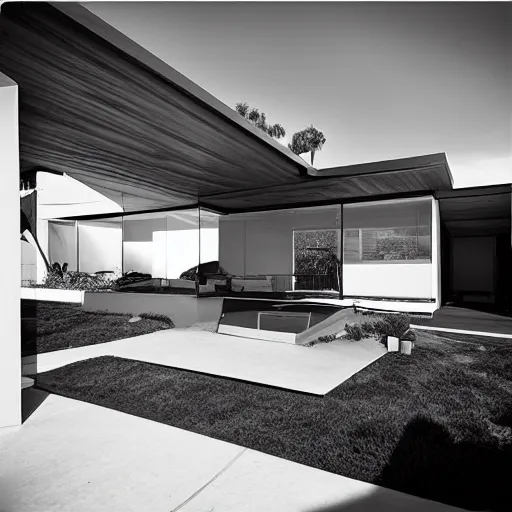 Image similar to “ a perfectly centered beautiful black and white 9 0 mm photo of mid - century retro - futuristic house in los angeles ”