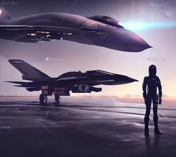 Image similar to fighter pilot stands beside futuristic sci fi fighter jet landed at runway of cyberpunk city ,dark cinematic lighting , digital concept art