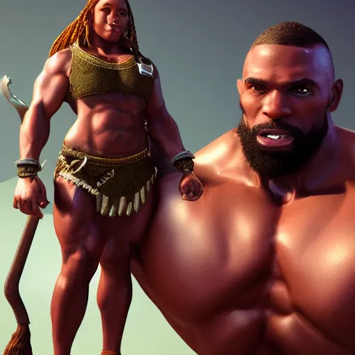 Image similar to a handsome bodybuilder viking girl with african american, clash royal style characters, unreal engine 5, octane render, detailed, cinematografic, cinema 4 d, artstation trending