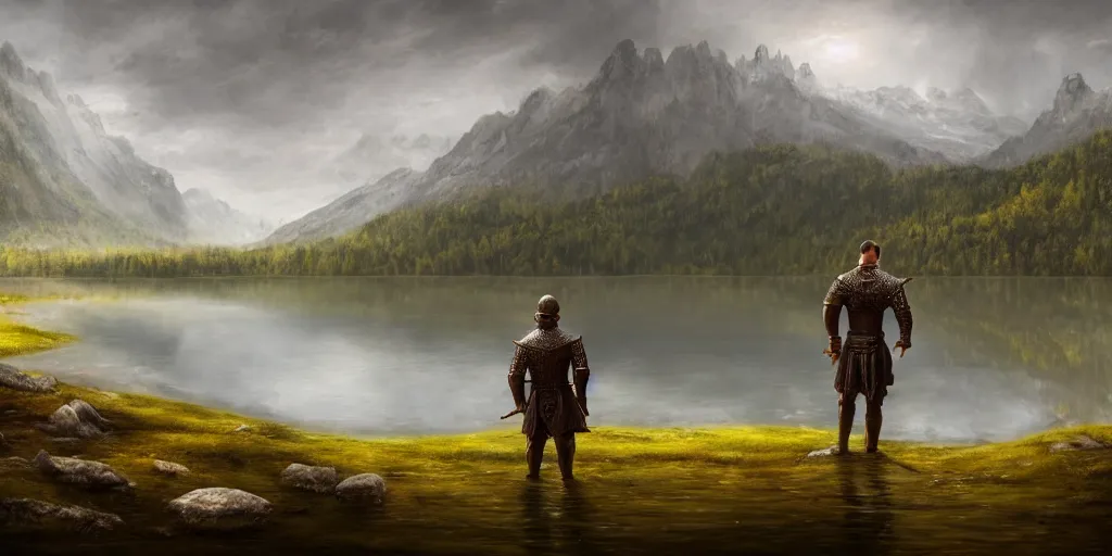 Image similar to beautiful landscape of small lake at midday with distant mountains and close - up of a symmetric detailed man in realistic detailed medieval armor facing off against a monster, ultra realistic, epic, highly detailed, hd, sharp focus, cinematic lighting, realistic, vivid colors, gritty, matt painting, digital art, non blurry, sharp, artstation, concept art, smooth, illustration