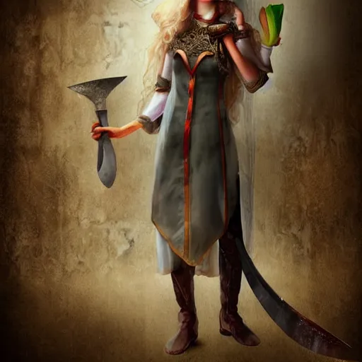 Image similar to historic fantasy, portrait of a determined elven woman, chef's clothing, raining, kitchen knife, city market, depth, digital art, dramatic lighting