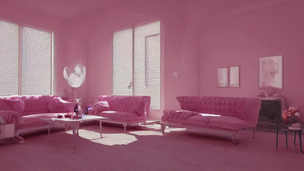 Image similar to pizza party on vintage pink velour sofa, white walls, daytime, soft light through blinds, particles, by herbert james harper, detailed, volumetric lighting, concept art, cinematic, 3 5 mm lens, 4 k