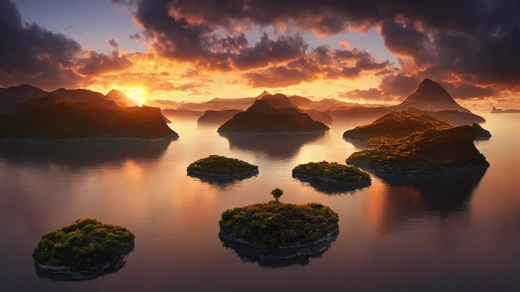 Prompt: amazing photo of floating islands in sunset by marc adamus, beautiful dramatic lighting