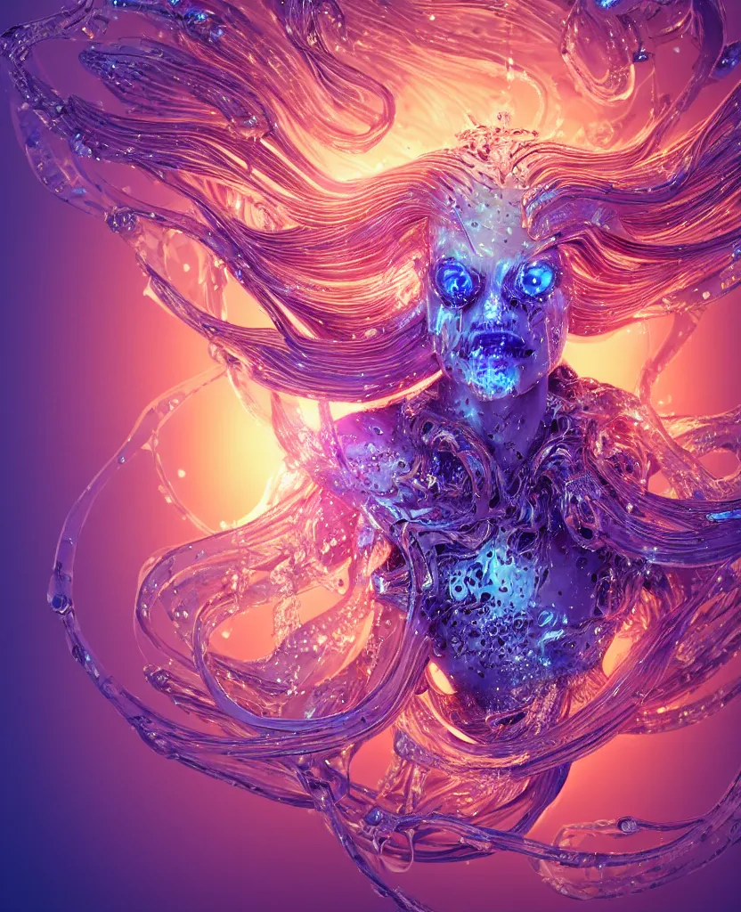 Image similar to close-up macro portrait of the face of a beautiful princess, epic angle and pose, symmetrical artwork, 3d with depth of field, blurred background, cybernetic jellyfish female face skull phoenix bird, translucent, nautilus, energy flows of water and fire. a highly detailed epic cinematic concept art CG render. made in Maya, Blender and Photoshop, octane render, excellent composition, cinematic dystopian brutalist atmosphere, dynamic dramatic cinematic lighting, aesthetic, very inspirational, arthouse. y Greg Rutkowski, Ilya Kuvshinov, WLOP, Stanley Artgerm Lau, Ruan Jia and Fenghua Zhong