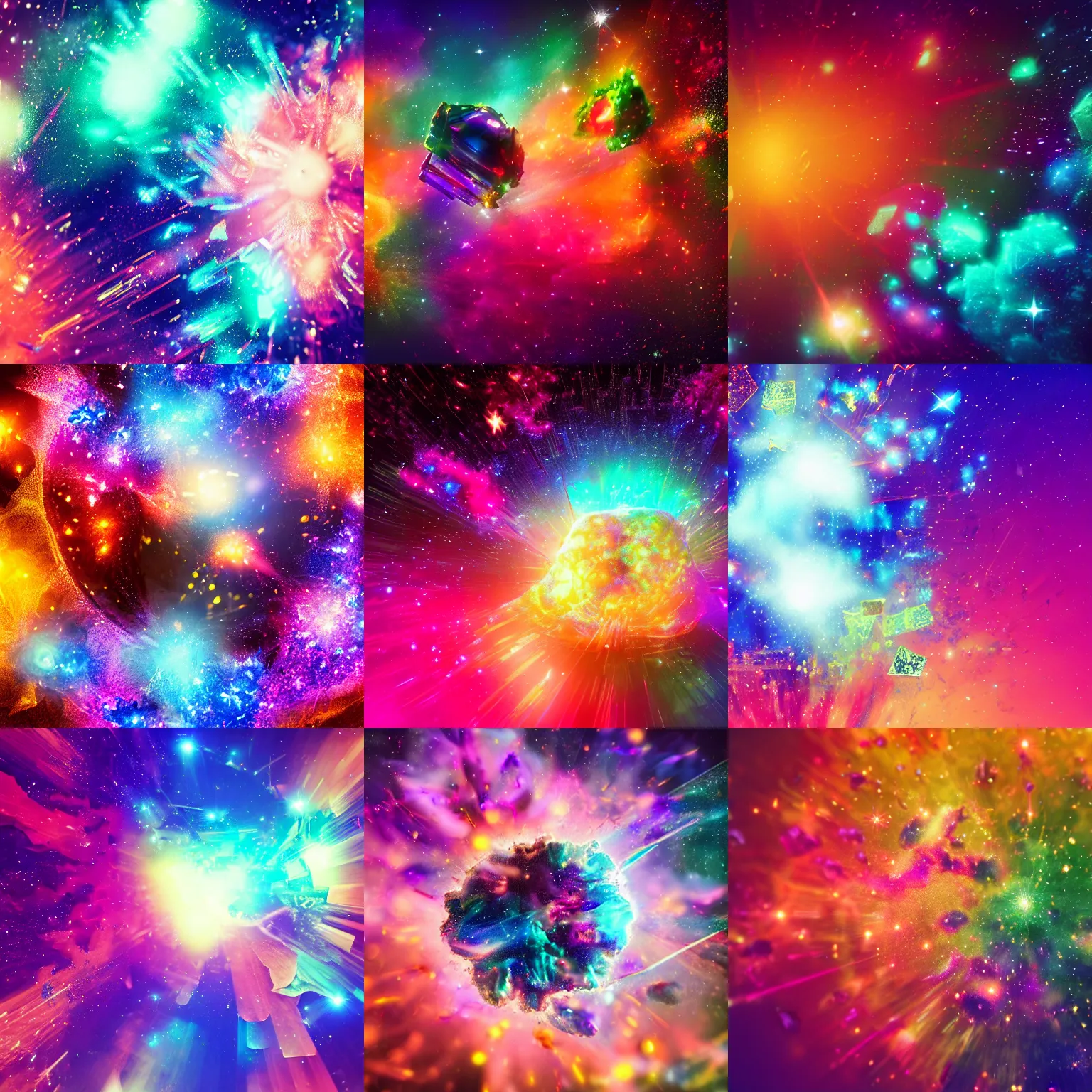 Prompt: colorful fragmented nebula explosion, dust particles, bokeh, iridescent jagged crystal fragmentation, elaborate detail, tilt-shift macro lens, lens flare, rendered in octane, visual effects, x-particles, redshift, cinematic, 8k render