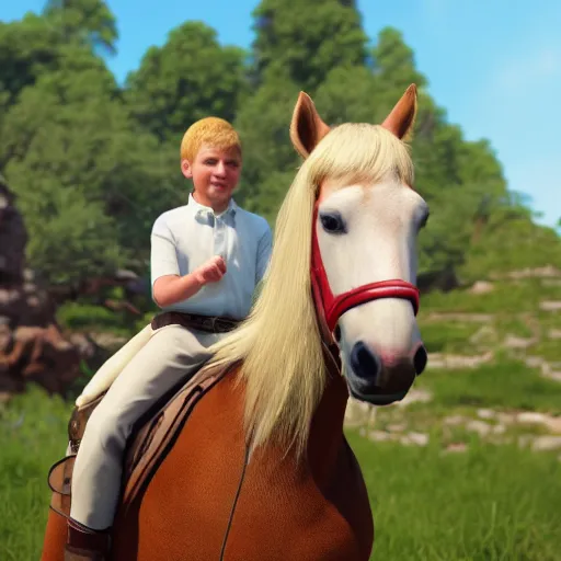 Prompt: a detailed portrait of boy with blonde hair riding a horse, unreal engine 5 rendered, incredibly highly detailed and realistic, 8 k, sharp focus, studio quality