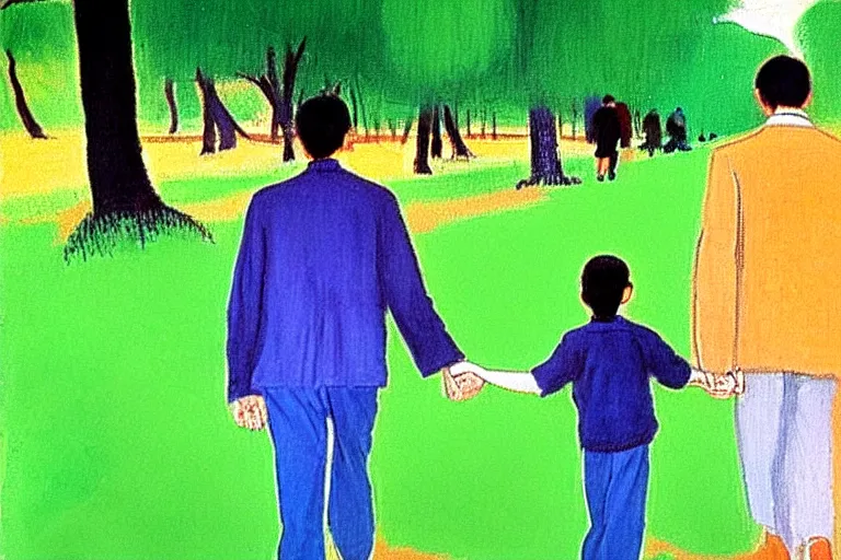 Image similar to a very tall man named John with dark hair holding the hands of a short young boy named Alex with dark hair as they walk in a park on a bright beautiful colorful day. part in the style of an edgar degas painting. part in the style of david hockney