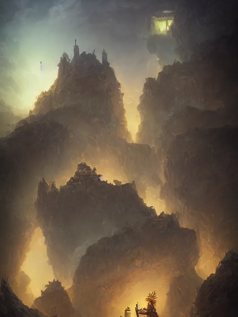 Prompt: a fantasy tower in a dune sea filled with ruins by Peter Mohrbacher, blue fireball, moody lighting, tarot card