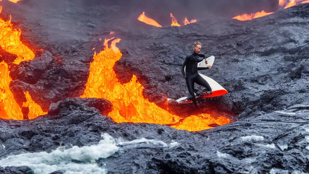 Prompt: medium shot of a person wearing a sponsored team jersey surfing down a river of lava on the side of a volcano on surfboard, action shot, dystopian, thick black smoke and fire, sharp focus, medium shot