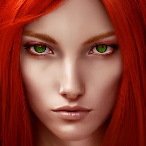 Image similar to perfectly - centered close - up portrait - photograph of red - haired goddess with glowing - red - eyes, the perfect human female specimen, with a fiery aura, intricate, elegant, super highly detailed, professional digital painting, artstation, concept art, smooth, sharp focus, no blur, no dof, extreme illustration, unreal engine 5, 8 k, by anne stokes