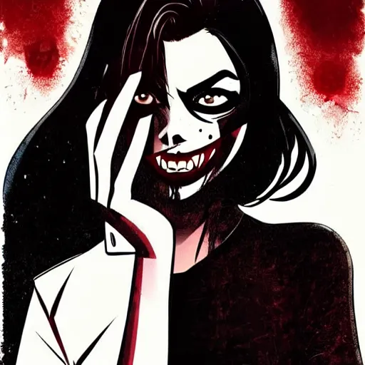 Image similar to Rafael Albuquerque comic cover art, loish, Sam yang, pretty female Samara Weaving vampire, very sharp fangs blood on face face, sarcastic smile, symmetrical eyes, symmetrical face, brown leather jacket, jeans, long black hair, middle shot, highly saturated, deep blacks