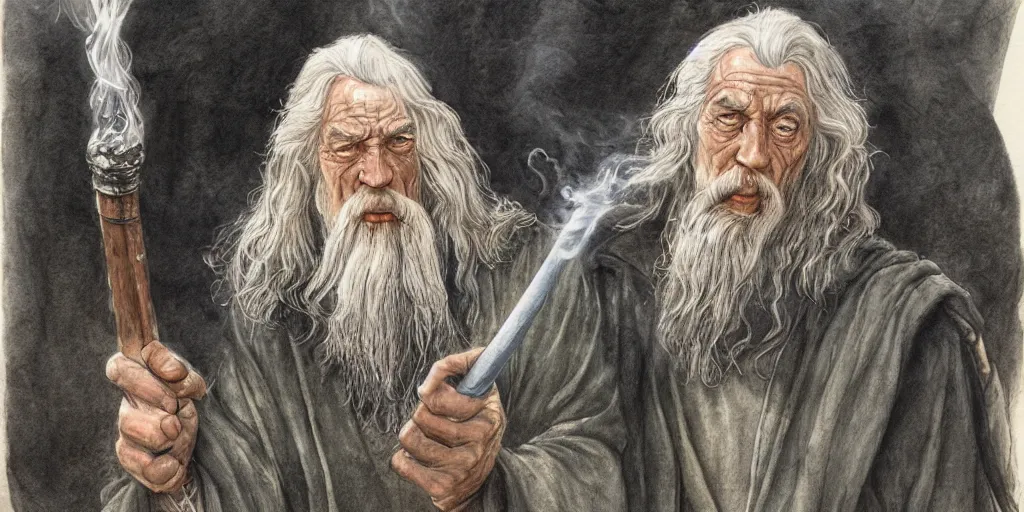 Prompt: Gandalf smoking the dankest pipe weed this side of Bag End, eyes red and just vibing, detailed watercolour illustration sketch drawing by John Howe
