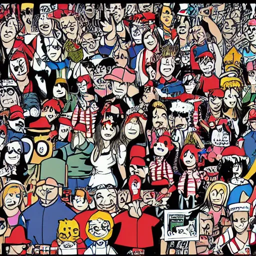 Image similar to cartoon of where's waldo at comic con