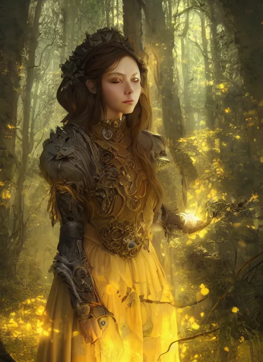 Prompt: Beautiful art portrait of a female fantasy cleric in a bright temple surrounded by yellow spring forest and dead trees, evening, atmospheric lighting, intricate detail, cgsociety, hyperrealistic, octane render, RPG portrait, ambient light, dynamic lighting