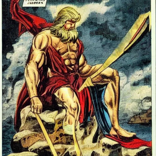 Image similar to a comic book painting of zeus the conquerer