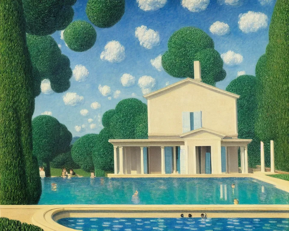 Image similar to achingly beautiful painting of a sophisticated, well - decorated, modern pool house by rene magritte, monet, and turner. whimsical.