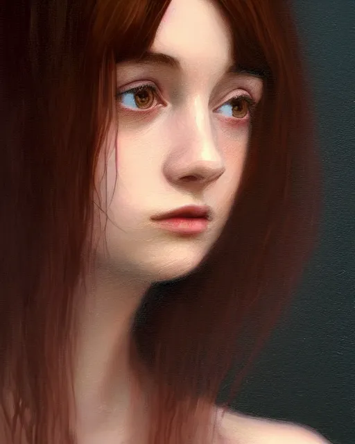 Image similar to portrait of a welsh teenage girl with brown hair, dark brown eyes, glowing skin, delicate features, quiet beauty, amelie poulain, young Mary Louise Parker, fantasy, intricate, elegant, dress shirt, highly detailed, digital painting, artstation, concept art, smooth, sharp focus, illustration, art by Krenz Cushart and Artem Demura and alphonse mucha