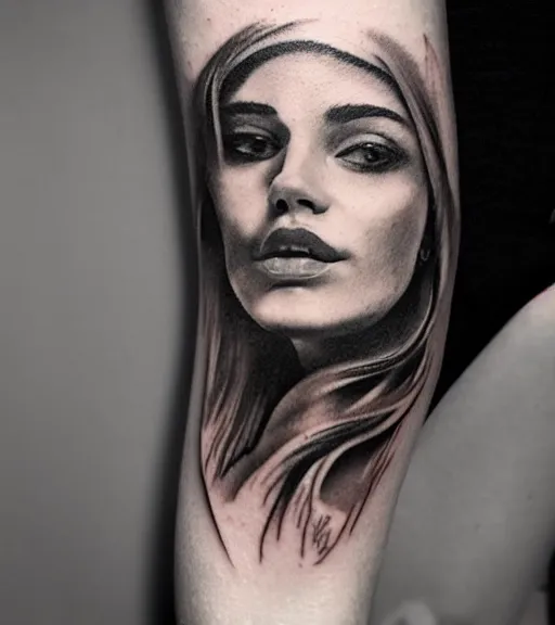 Prompt: tattoo design sketch of an extremely beautiful woman face with a faded background of stunning mountain view on her side, hyper - realistic, in the style of matteo pasqualin, amazing detail, black and white, faded