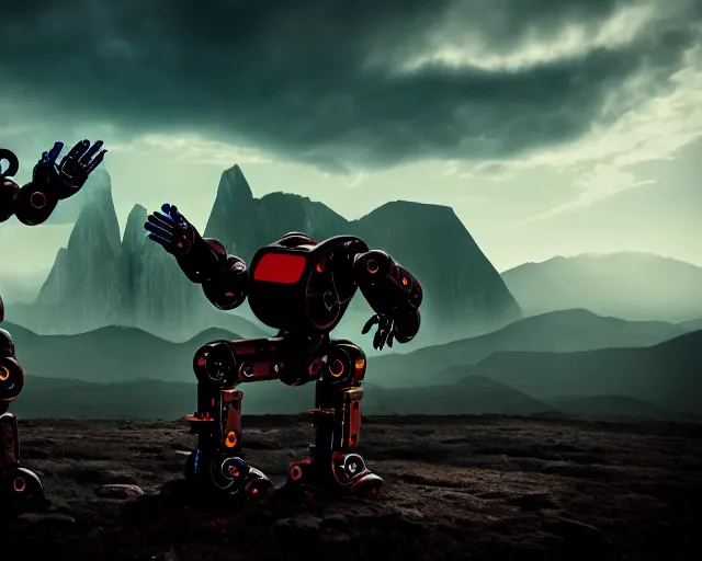 Image similar to two humanoid futuristic robot fighting each other, landscape, Cyberpunk, Steampunk, close up, cloudy, mountains on background, peaceful day