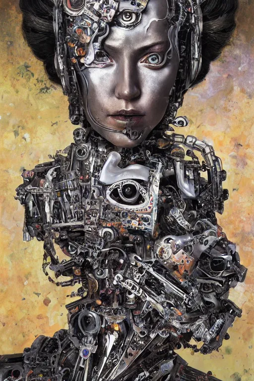 Prompt: queen baroque expressionist cyborg machine goddess, detailed portrait, hd 4k very detailed high dynamic range denoised smoothed upscaled, varnished oil paint on black background with pastel paint splashes in background by katsuhiro otomo