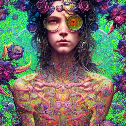 Prompt: hyper detailed masterpiece, neon floral pattern, jean giraud, digital art painting, darkwave goth aesthetic, psychedelic, artgerm, donato giancola, tom bagshaw