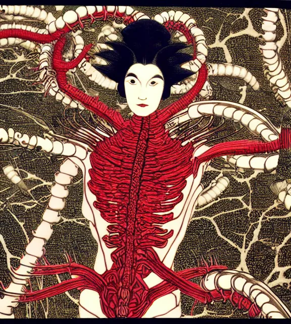 Prompt: still frame from Prometheus, harvest goddess cyborg in crimson filament mycelium, dressed by Neri Oxman and alexander mcqueen, metal couture haute couture editorial by giger by utagawa kuniyoshi