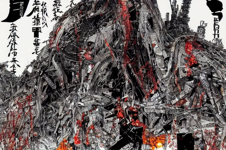 Prompt: remnants of the human civilization, survivors, a color illustration by tsutomu nihei, tetsuo hara and katsuhiro otomo