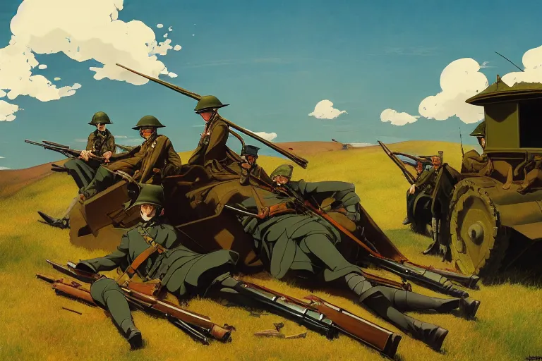 Prompt: anime key visual depicting the horros 1 9 1 8 great war, anime maids riding early tanks, matriarchy, old bolt action rifles, biplanes in the sky, blood anguish terror, jamie wyeth james gilleard edward hopper greg rutkowski acrylic painting, preserved museum piece, historical