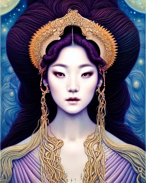 Prompt: portrait of a beautiful moon goddess, graceful, esoteric, muted colors, head in focus, fantasy art, ornamental aesthetics, intricate, elegant, highly detailed, hyperrealistic painting, artstation, concept art, painterly, sharp focus, hasselbrad photography, illustration, art by chie yoshii