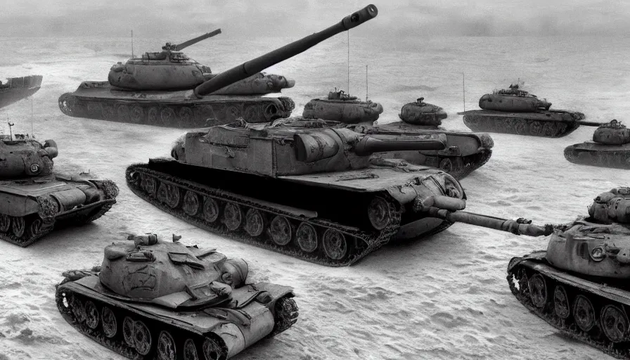 Image similar to old black and white 4 0's photos of world war 2 showing tanks with laser canons on omaha beach, hyperdetailed, artstation, cgsociety, 8 k