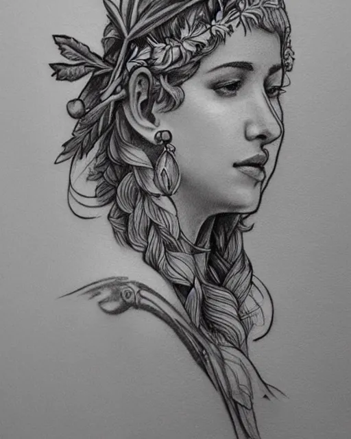 Image similar to realism tattoo sketch of a beautiful greek goddess aphrodite wearing a laurel wreath and arrowhead earrings, beautiful confident eyes, beautiful flowing hair, hyper realistic face, in the style of artgerm, fantasy, amazing detail, epic, elegant, smooth, sharp focus, from the front, long shot