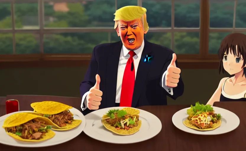 Image similar to beautiful makoto shinkai style digital film still portrait of donald trump giving a thumbs up behind a taco bowl, 4 k, 8 k, hd, high resolution, highly detailed, intricate detail, ultra realistic faces, digital art, trending on artstation, your name, weathering with you