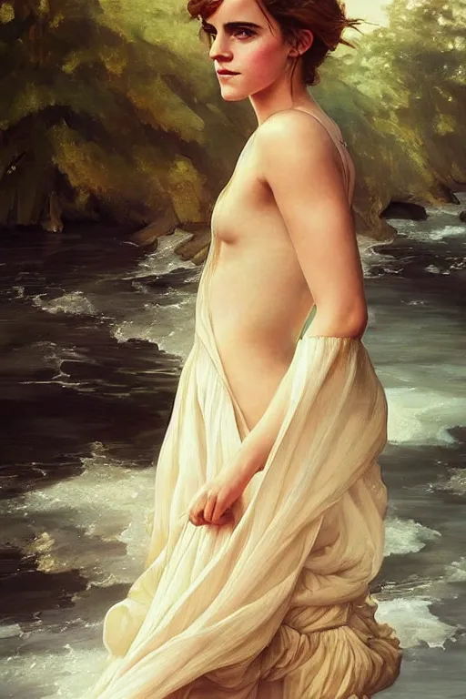 Image similar to a beautiful emma watson wearing a dress emerging from the water, oil on canvas, sensuality, artstation, by j. c. leyendecker and edmund blair leighton and charlie bowater, instagram photo