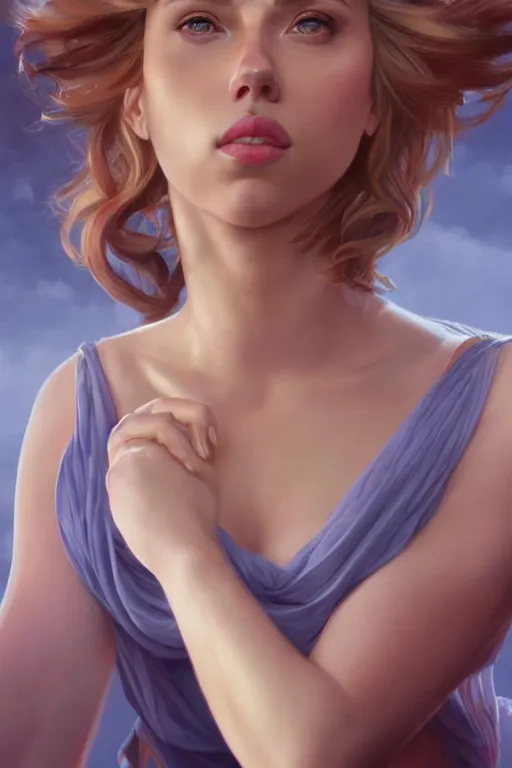 Prompt: Scarlett Johansson is a Greek Goddess , anatomy, only two hands, highly detailed, digital painting, artstation, concept art, smooth, sharp focus, illustration, Unreal Engine 5, 8K, art by art by artgerm and greg rutkowski and edgar maxence